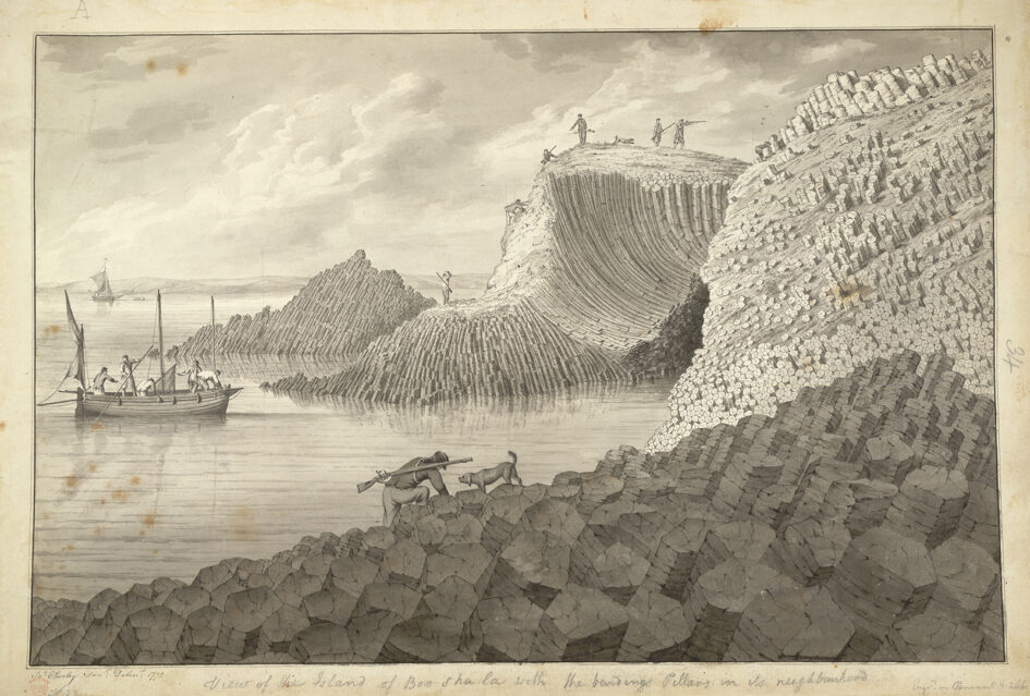John Cleveley, 'View of the Island of Boo-sha-la and bending pillars with the bendng Pillars in its neighbourhood' (British Library)