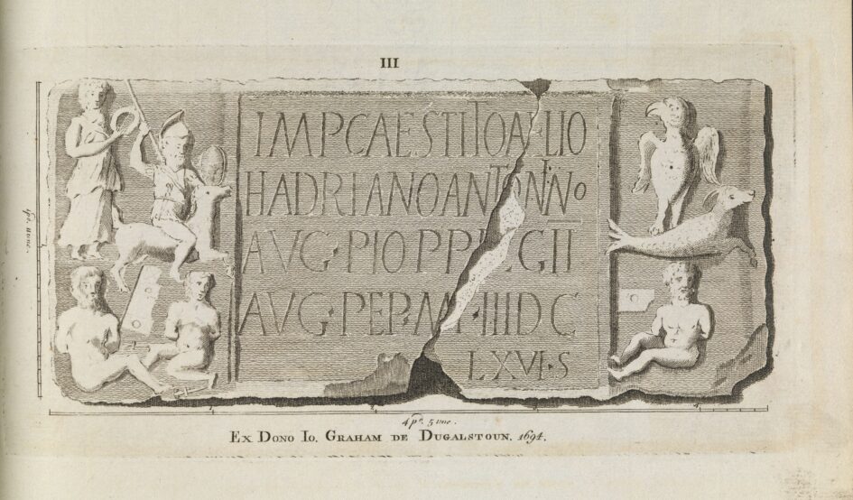 Etching of distance slab from Antonine Wall. Black and white image showing carved decorations of people and animals.